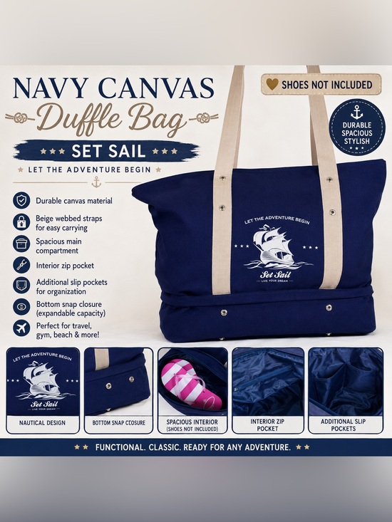 Handbags - Navy Canvas Duffel Bag with Beige Straps - Set Sail